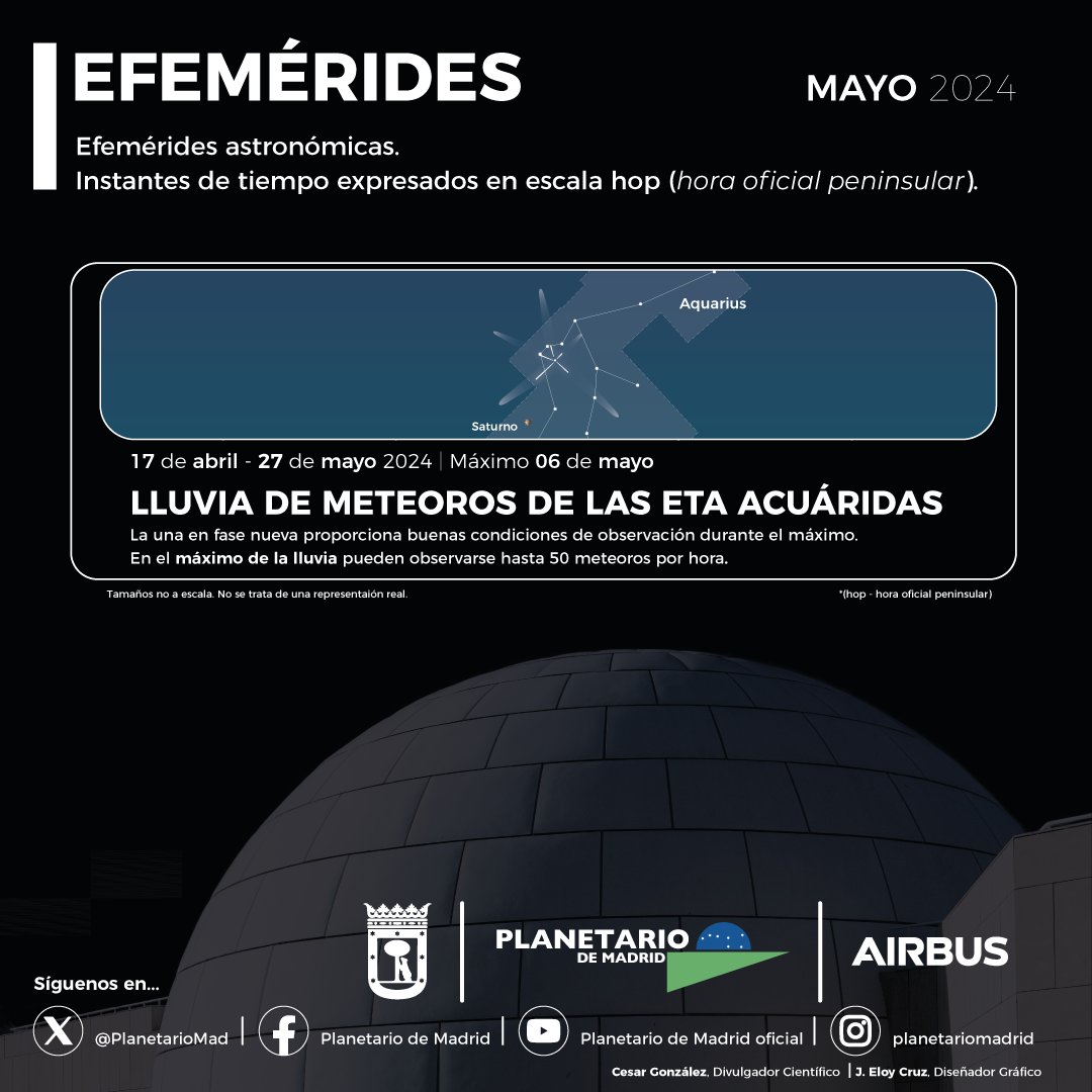 EFEMÉRIDES ASTRONÓMICAS MAYO 2024 ℹ 

Todo el mes de mayo 📅  | Lluvia de meteoros de las Líridas ☄👀
Máximo: noche del 5 al 6 de mayo ‼ ‼
Condiciones óptimas por la ausencia de luna 🌘

#ObservaelcieloPlanetariodeMadrid 🔭👀