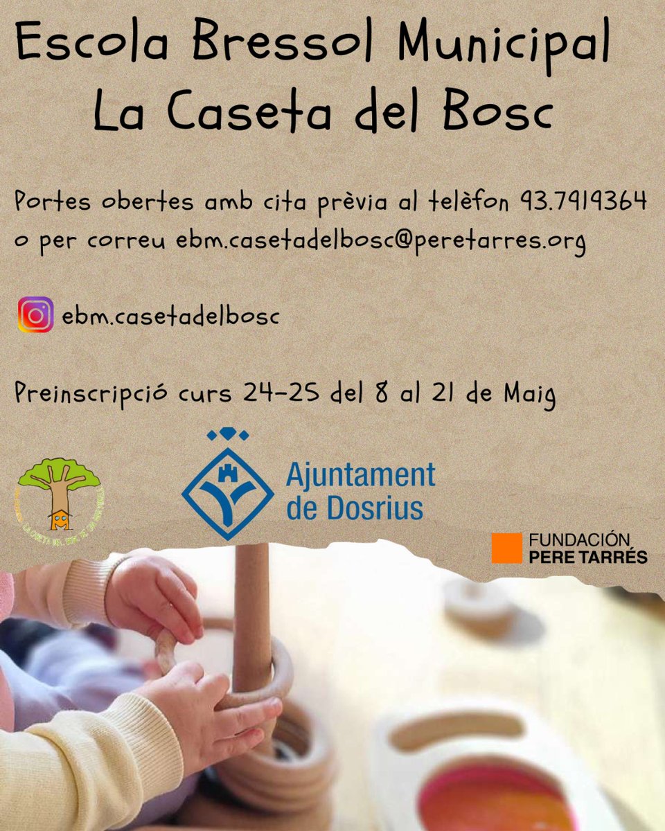 dosrius's tweet photo. L'Escola Bressol Municipal 'La caseta del bosc' obre període de preinscripcions del 8 al 21 de maig 👶 Ja podeu participar en les portes obertes demanant cita prèvia al telèfon 93 7919364 o per correu a ebm.casetadelbosch@peretarres.org ✍️ #Dosrius https://t.co/16P9vGVxOf
