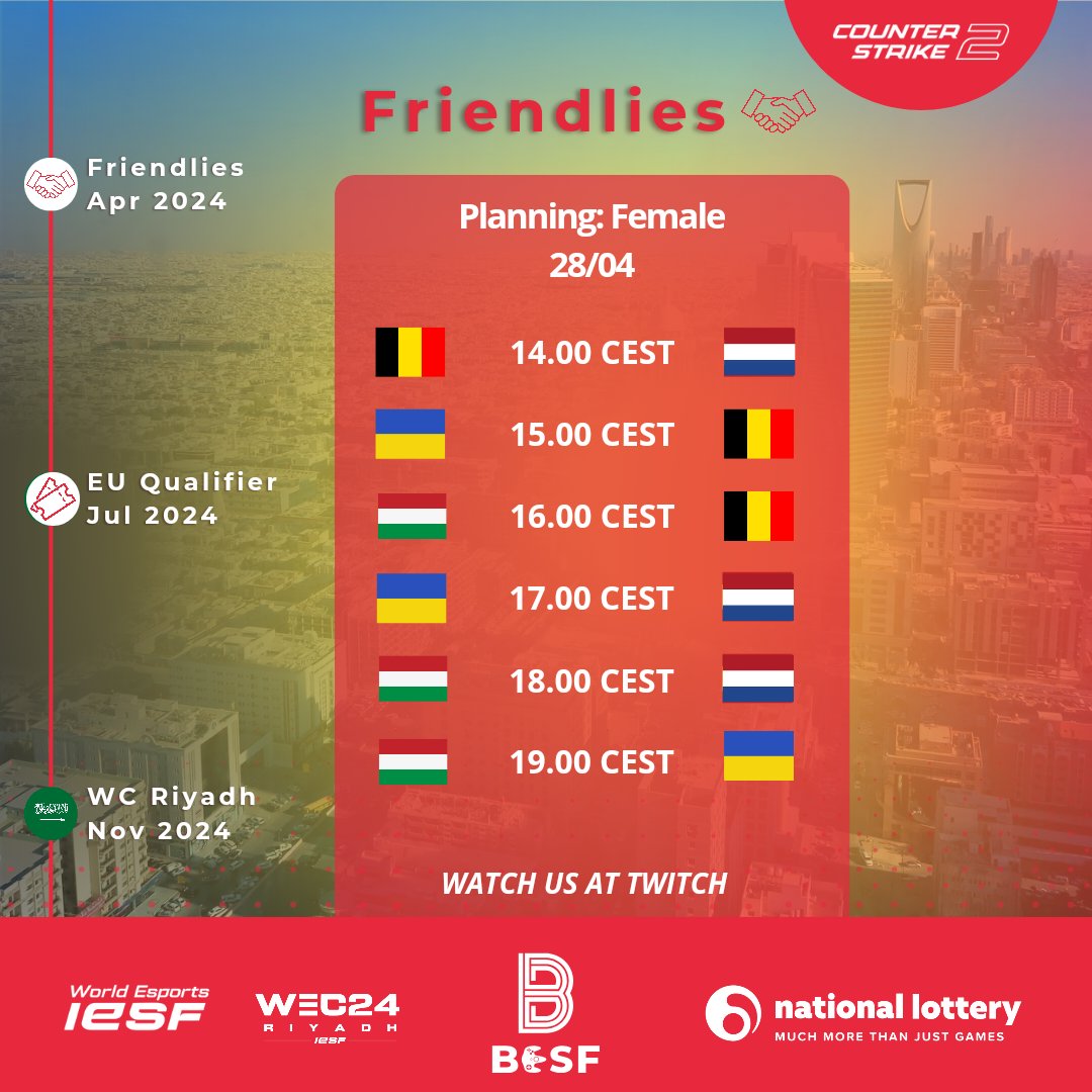 Come watch & support us at 2pm! Our #CS2 national female team will face 🇳🇱🇺🇦🇭🇺 in the upcoming friendly matches.

📺 twitch.tv/esports_belgium

#RoadToRiyadh #WEC24  #iesf 
#LOTTO #omdathetkan #parcequecestpossible