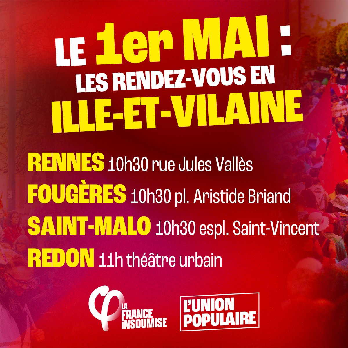 👷‍♀️ LE #1erMai  : TOUS-TES DANS LA RUE !    

Pour la journée internationale des travailleur.euses, défendez vos conquêtes sociales face à la macronie et déferlez dans les rues 🔥

#Rennes #Fougères #SaintMalo #Redon