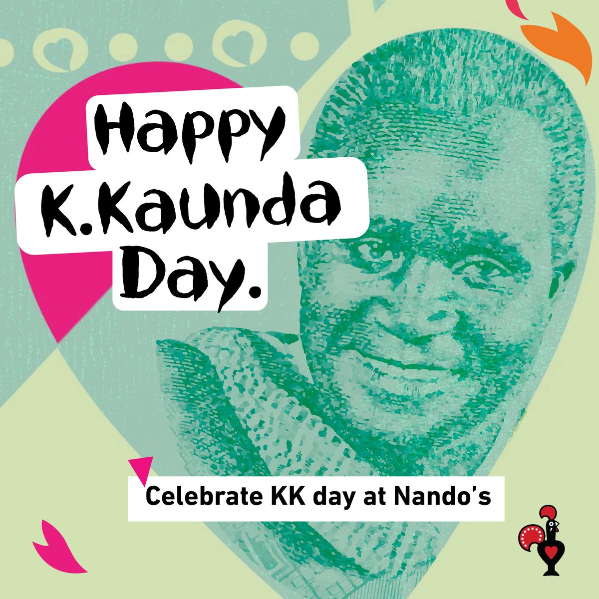 NandosZambia's tweet photo. Today, we honor the enduring legacy of Kenneth Kaunda, the father of our nation, on what would have been his 100th birthday! 🎂 His unwavering spirit and commitment continue to inspire us. Join us in celebrating his life and contributions to our nation! 🇿🇲✨ #KK11 #100thBirthday https://t.co/FQ4QRX40R1