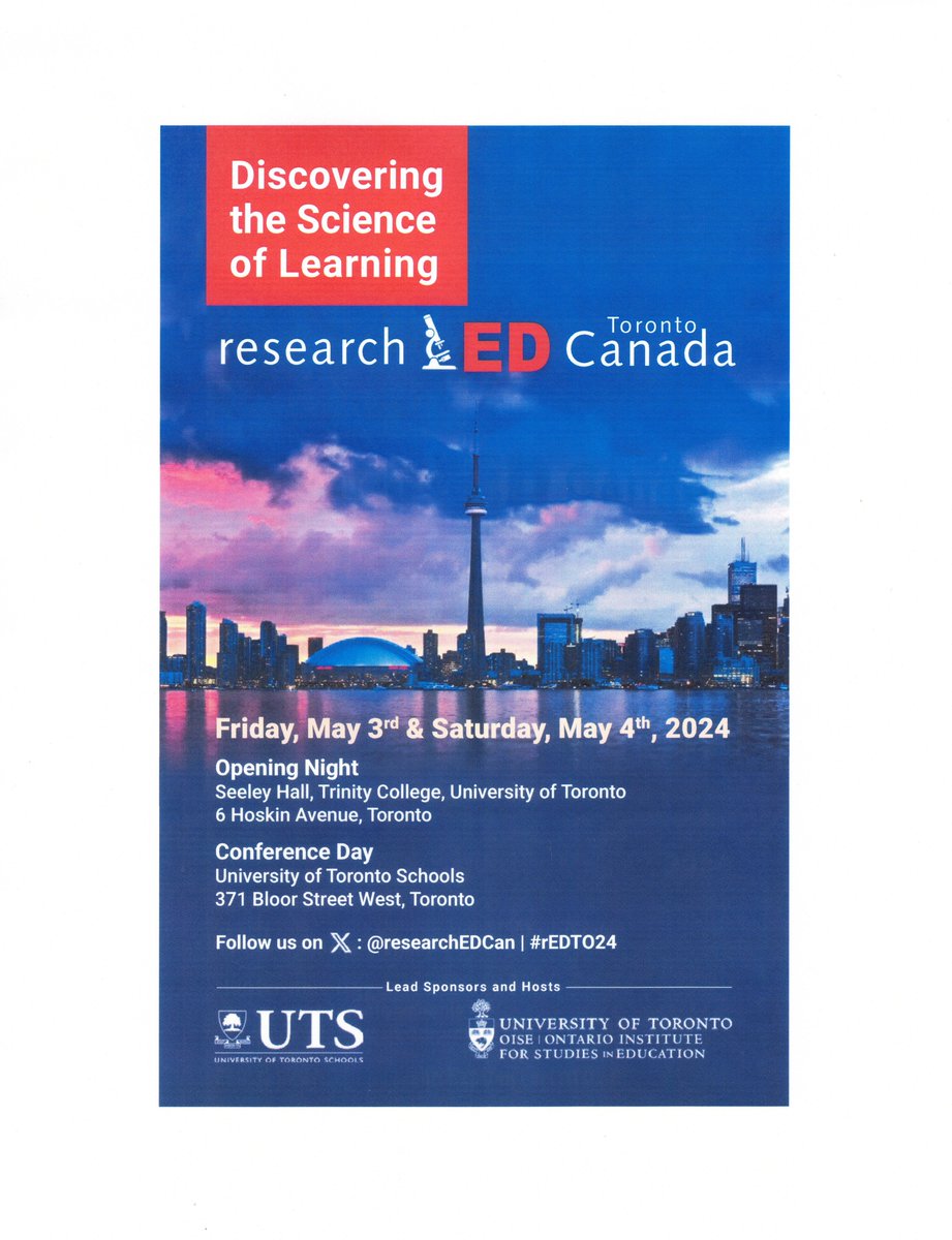 Sneak Peak - at the Entire Program - for @researchEDCan Toronto (May 3-4/24). It's all here - Opening Night, Keynote, Panels, Sessions & Bios for all 28 Speakers! Ty #UTS @CTLOISE @UofT @OISENews for hosting the event. Over to @Sflecce #ONTed #cdned shorturl.at/jlpzR