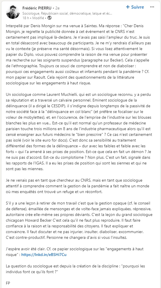 Hier, dans une publication sur LinkedIn, Frédéric Pierru a annoncé qu’il renonçait à se rendre à l’événement organisé à Saintes le 8 mai prochain par le « Conseil Scientifique Indépendant ».