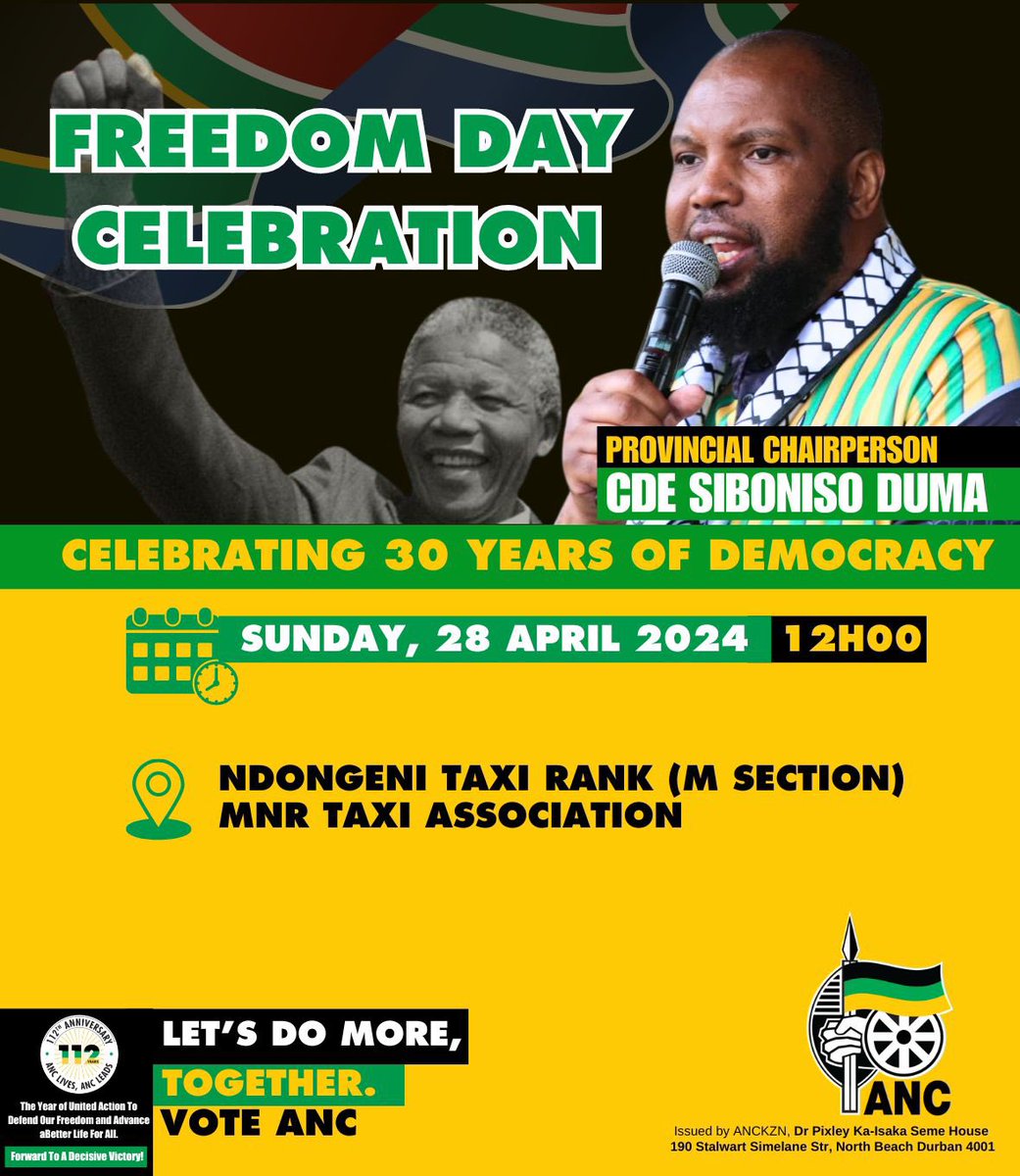 MEDIA ALERT New Venue for the Freedom Day Rally in Umlazi 28 April 2024 Dr Pixley ka Isaka Seme House: Please be advised that the location for today ANC KwaZulu Natal Freedom Day celebration originally scheduled atMenzi Sports Ground has been changed. The new venue details