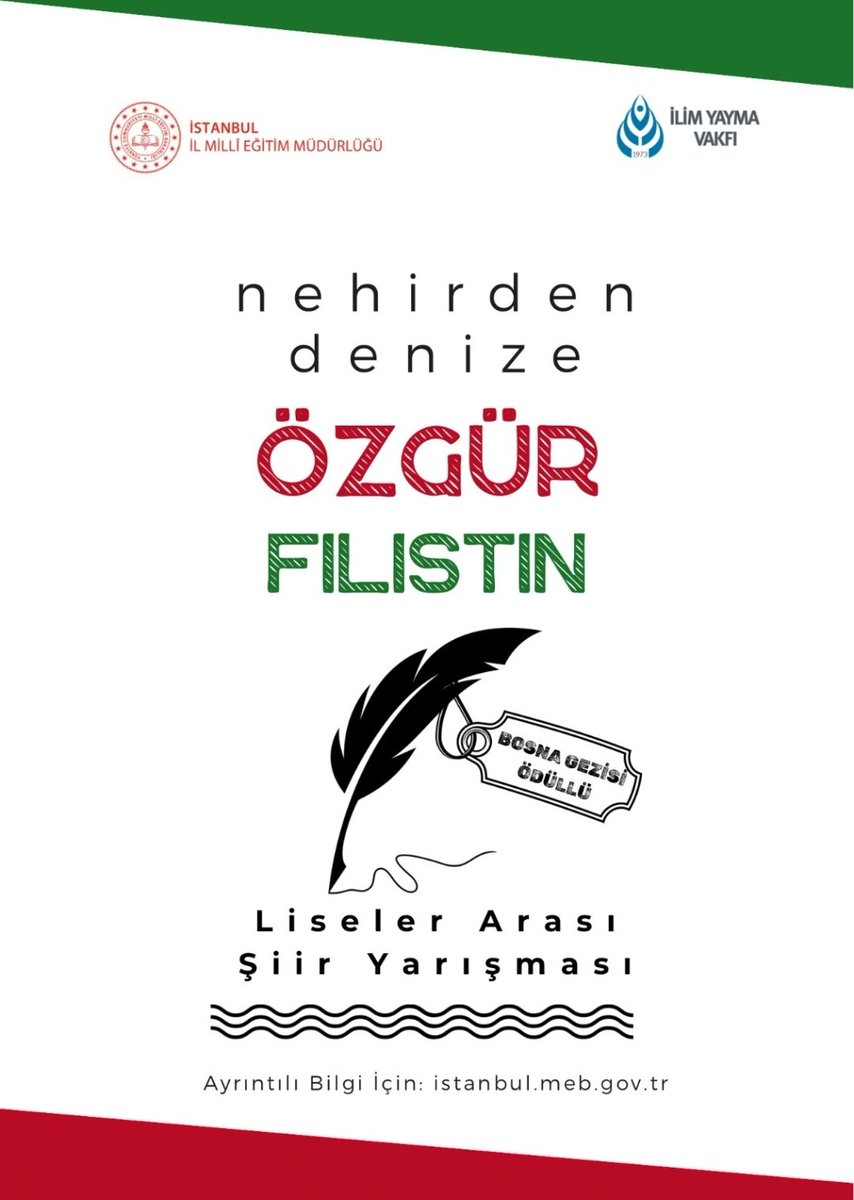 📢 İl Millî Eğitim Müdürlüğümüze bağlı ortaöğretim kademesindeki öğrencilerimize yönelik düzenlenen "Nehirden Denize Özgür Filistin" adlı hikaye, kısa film ve şiir yarışmaları duyurusu yayımlandı.

📆Son Başvuru Tarihi: 16 Mayıs 2024 

🔗 meb.ai/gxaIoN

<a href="/tcmeb/">Millî Eğitim Bakanlığı</a>
