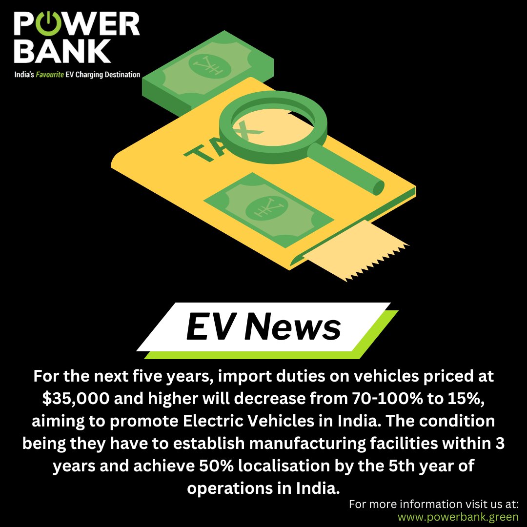 Good news!!!
In a move to encourage electric vehicle (EV) adoption in India, import duties on vehicles have been slashed to 15% for the next five years.

#ev #evindia #electricvehicle #evcharging #evchargingstation #import #importduty #evimports #evnews #news #emobility #travel