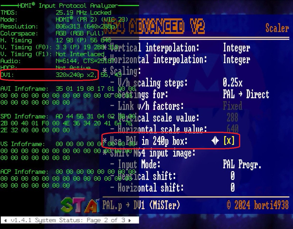 borti4938's tweet photo. Next firmware for N64Adv2 will have some updates in direct mode:
- Support of FX-Direct for Morph users
- Sending PAL boxed flag (use 240lines instead of 288) via info frame in DV1 mode
Need some more time for testing before releasing it 🧐 https://t.co/K2vxiqzHck