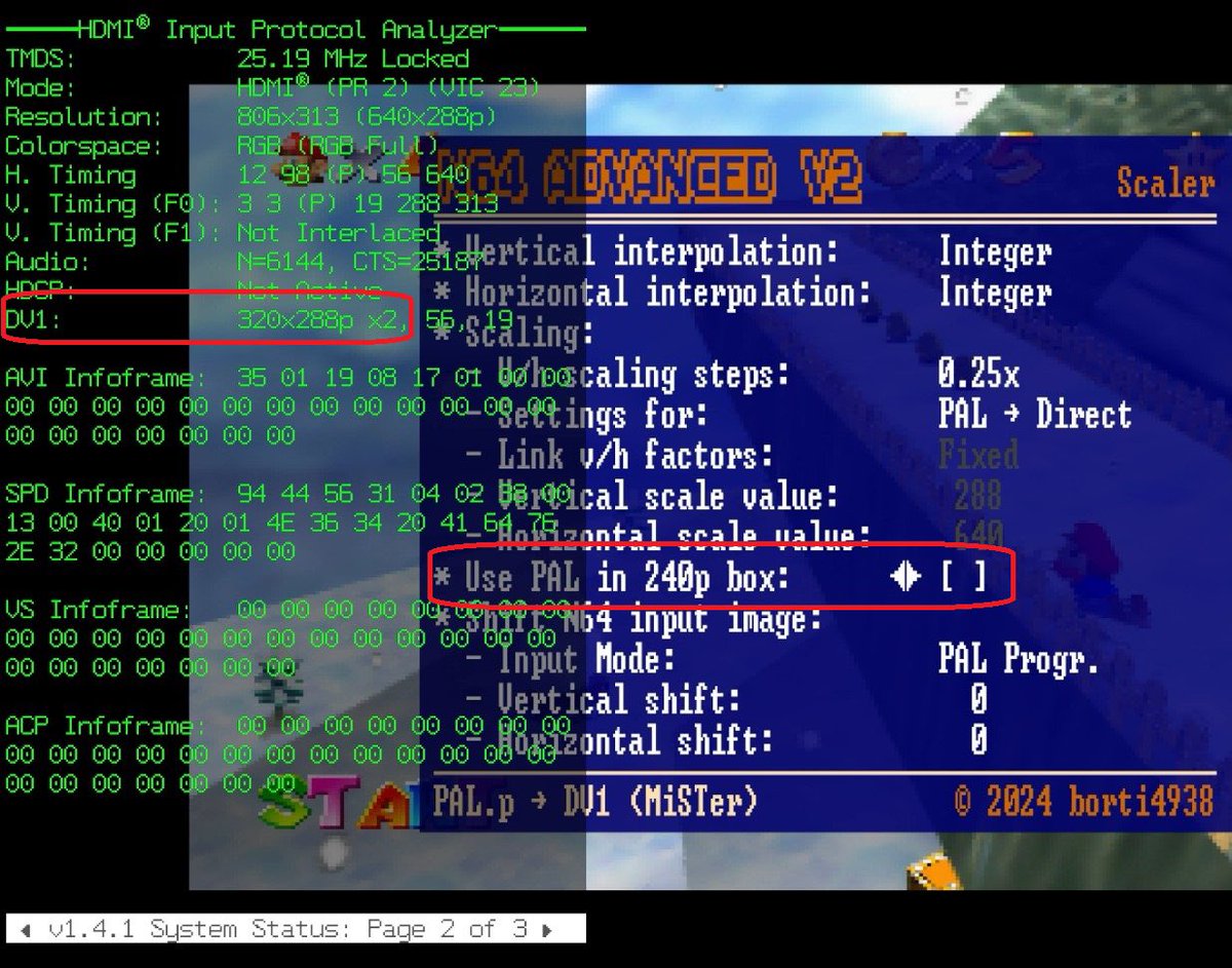 borti4938's tweet photo. Next firmware for N64Adv2 will have some updates in direct mode:
- Support of FX-Direct for Morph users
- Sending PAL boxed flag (use 240lines instead of 288) via info frame in DV1 mode
Need some more time for testing before releasing it 🧐 https://t.co/K2vxiqzHck