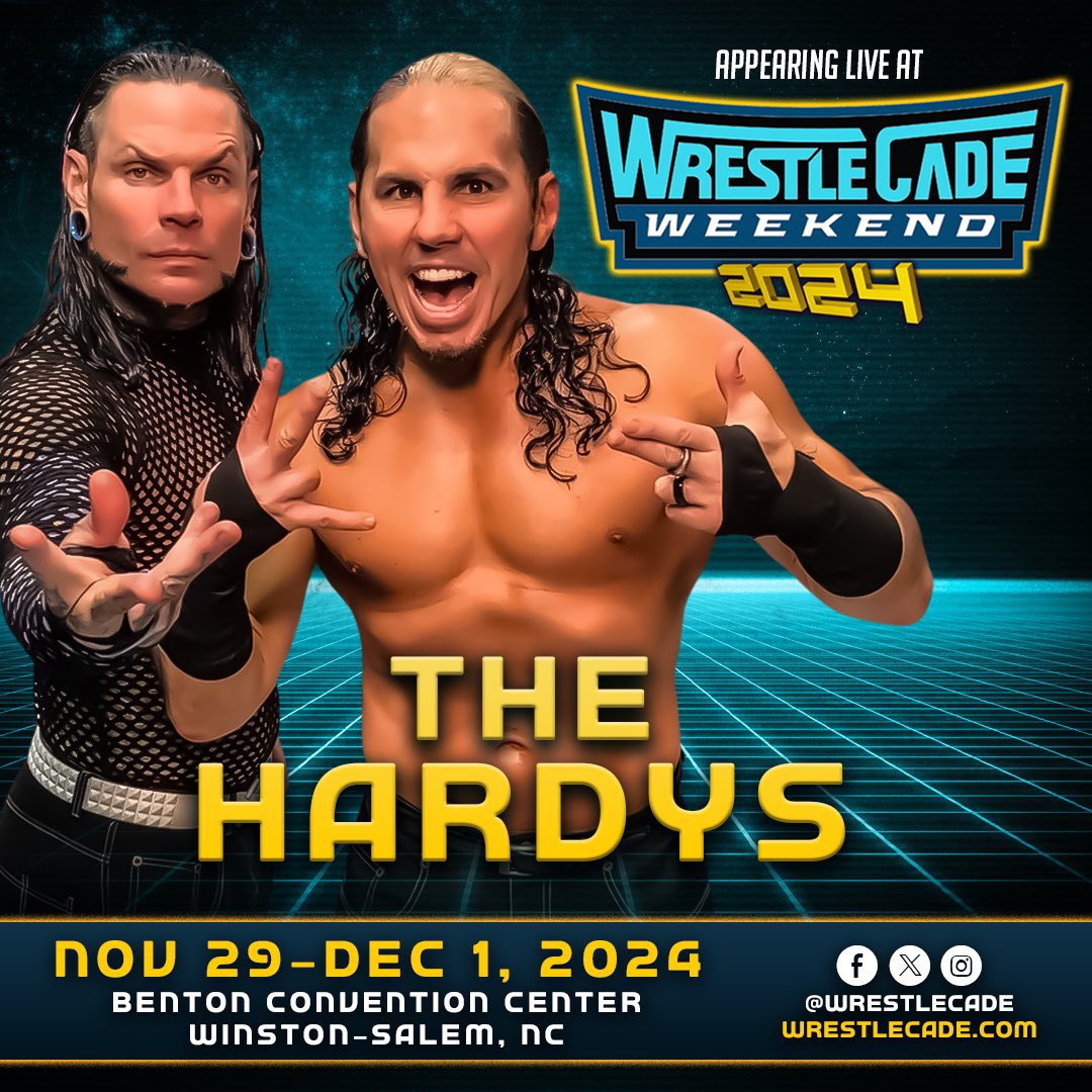 🚨 #WrestleCade Weekend returns with Jeff and Matt, collectively known as The Hardys. Benton Convention Center Winston-Salem, NC Nov 29-30 & Dec 1 🎟 at wrestlecade.com/tickets