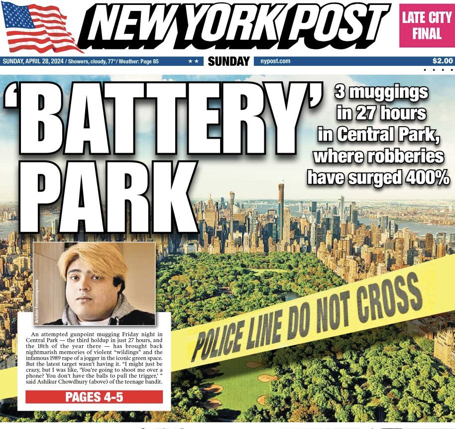 𝗥𝗼𝗯𝗯𝗲𝗿𝗶𝗲𝘀 𝘂𝗽 𝟰𝟬𝟬% ——————————————— New York City. “Three terrifying attacks in two days rock NYC’s Central Park: NYPD…”