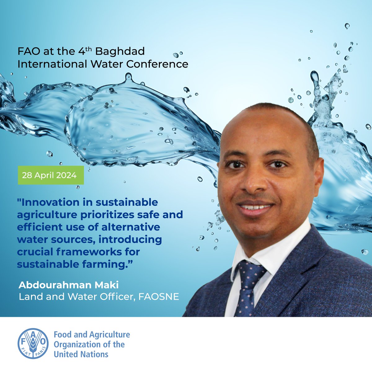 Focus on safe and efficient use of alternative water sources for farming at #BaghdadIWC. @FAO explores frameworks for harnessing non-conventional water resources for sustainable agriculture. #WaterSecurity #FoodSecurity