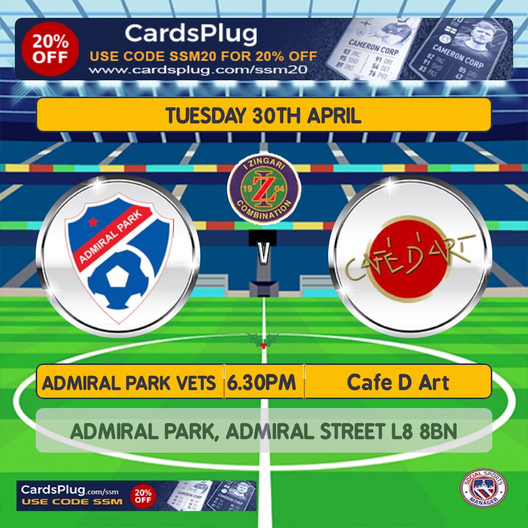 This Tuesday we welcome ⁦<a href="/cdv_fc/">CDV FC</a>⁩ to admiral Park for the final league game of the season ⁦<a href="/zingarivets/">I Zingari Veterans League</a>⁩ all support is welcome ⚽️  Bar will be open for refreshments 🍻☕️🥧 seating also available Big Thanks to all staff  ⁦<a href="/TargetFootballC/">Target Football CIC</a>⁩ 👏🏻👏🏻👏🏻👏🏻👏🏻