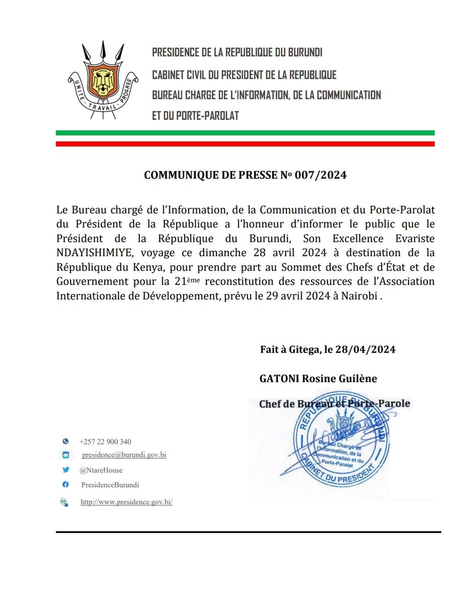 Le Chef de l'Etat #Burundi-ais S.E <a href="/GeneralNeva/">SE Evariste Ndayishimiye</a> prendra part au Sommet des Chefs d’Etat et de Gouvernement pour l'IDA21 à #Nairobi ce 29/4/2024.