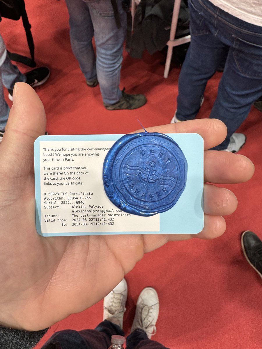 This was in the #certmanager booth last month at #Kubecon in Paris. It was just a clever idea to engage with the community by having an actual certificate printed and stamped