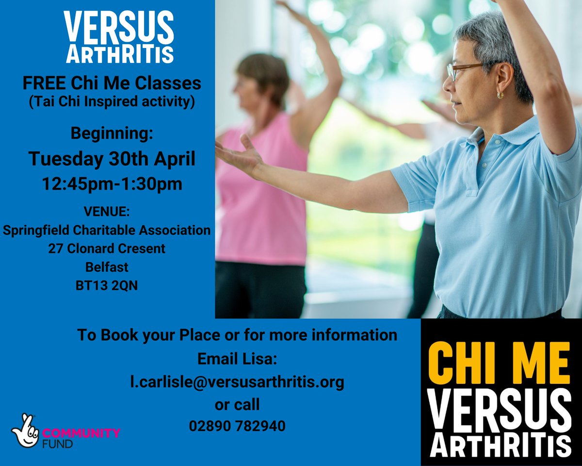 Chi me, a form of tai chi that can be done seated, is an ideal type of exercise for those with arthritis. Come along to our free classes starting soon and give it a go! To sign up: Phone 02890 782940 or email Lisa via L.carlisle@versusarthritis.org