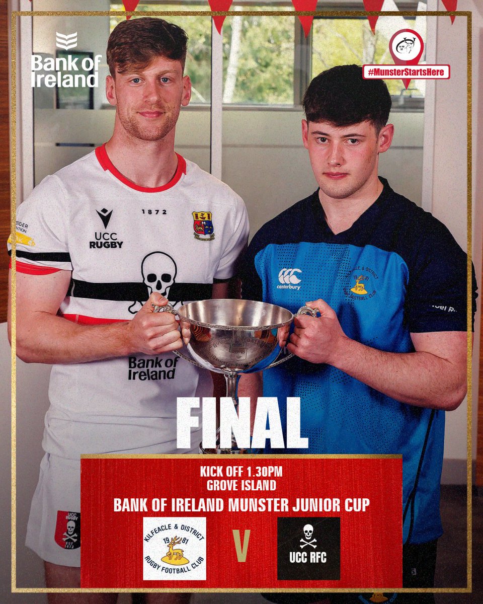 Another huge game taking place today as @KilfeacleRFC take on @UCCRFC in the @bankofireland Munster Junior Cup final 🏆 Kick off is at 1.30pm in Grove Island. Best of luck to both teams 💪 #MunsterStartsHere #SUAF 🔴