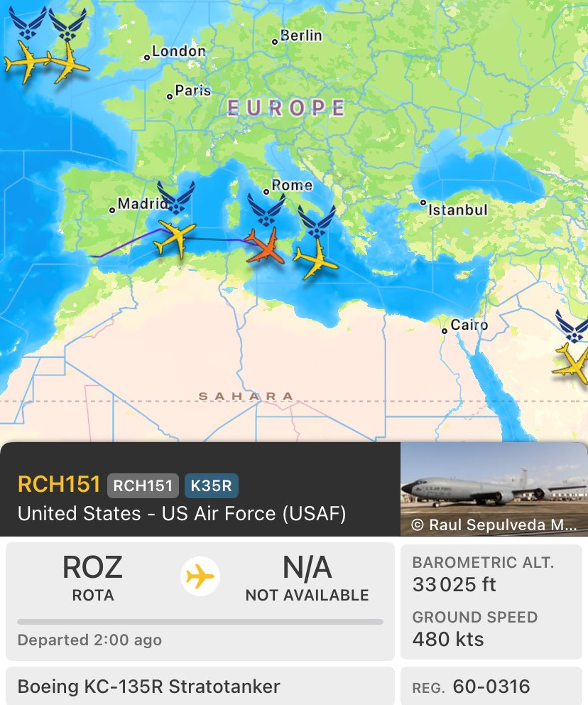 USCENTCOM Fighter Jets Reinforcements:

3 x KC-135R from Salt Lake City 🇺🇸 'BLUE92/RCH151/RCH152' heading to the Middle East.

Daily KC-135R from Mildenhall 🇬🇧 to east med sea.