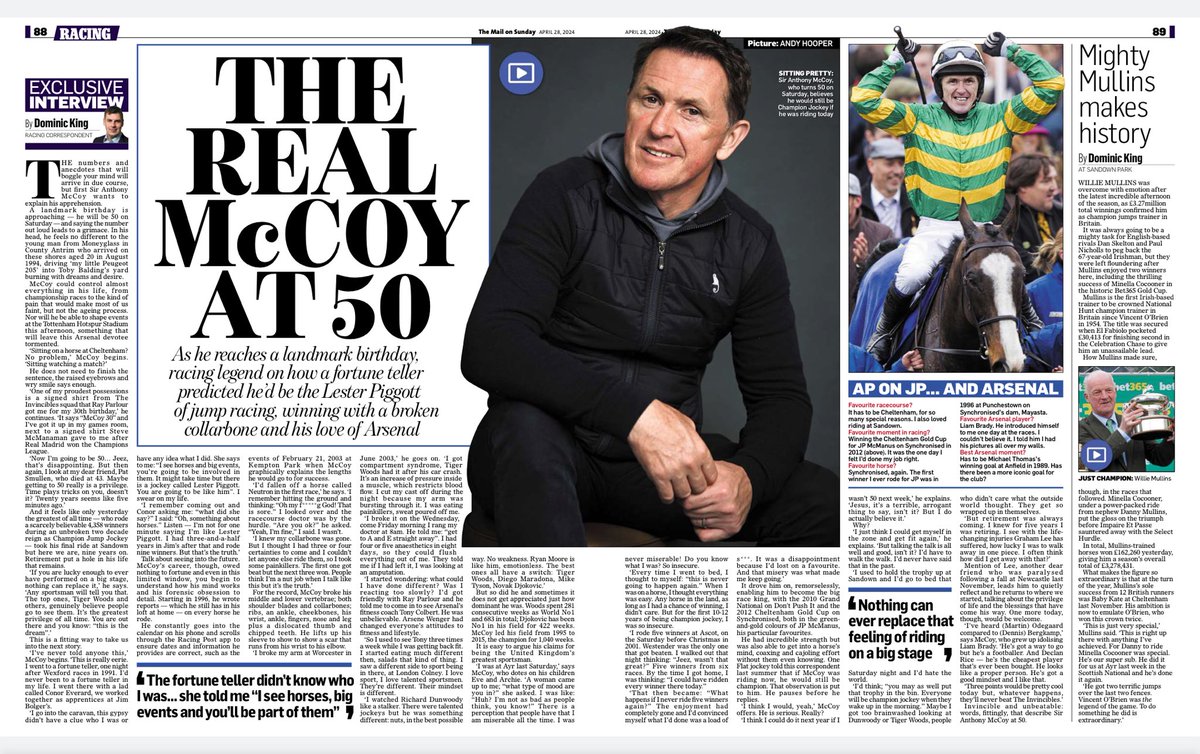 🔮 A fortune teller, a broken collarbone, Arsenal and the feeling he could still be ‘The Champion’ ✍️ A privilege to spend an hour with ⁦@AP_McCoy⁩ as he approaches a big birthday 📸 ⁦@Andy_Hooper_DM⁩ took the portrait