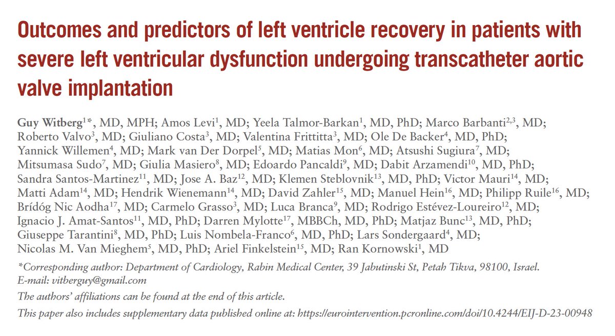 In this multicenter registry of 10,872 patients undergoing TAVI, baseline ejection fraction was ≤30% in 914 (8.4%) patients. Of them, the left ventricle recovered in 59.5%, including 26.7% patients whose left ventricle function normalized completely. No recovery was associated…