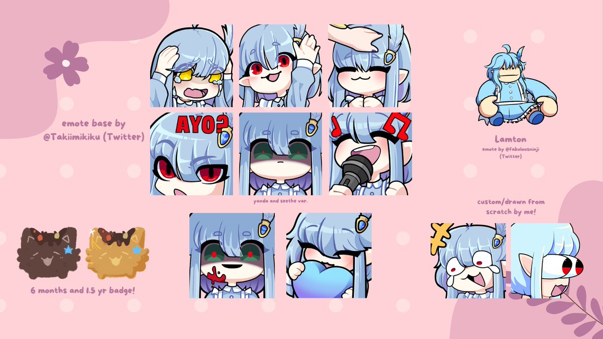 ALSO!!!!!!!!! FINALLY I CAN SHOW YOU GUYS THE FULL SET OF EMOTES I MADE + the gifted emotes! 🥹🩵🩵 the credits are on the image but still shoutout to @/Takiimikiku for the free emote base! they're superduper cute omg!! #LambdadelTART