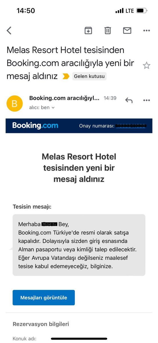 Almanya'da yaşayan bir Türk vatandaşına, Booking üzerinden Antalya'da yaptığı otel rezervasyonu sonrasında Alman pasaportu bulunmadığı takdirde otele kabul edilmeyeceği bildirildi.