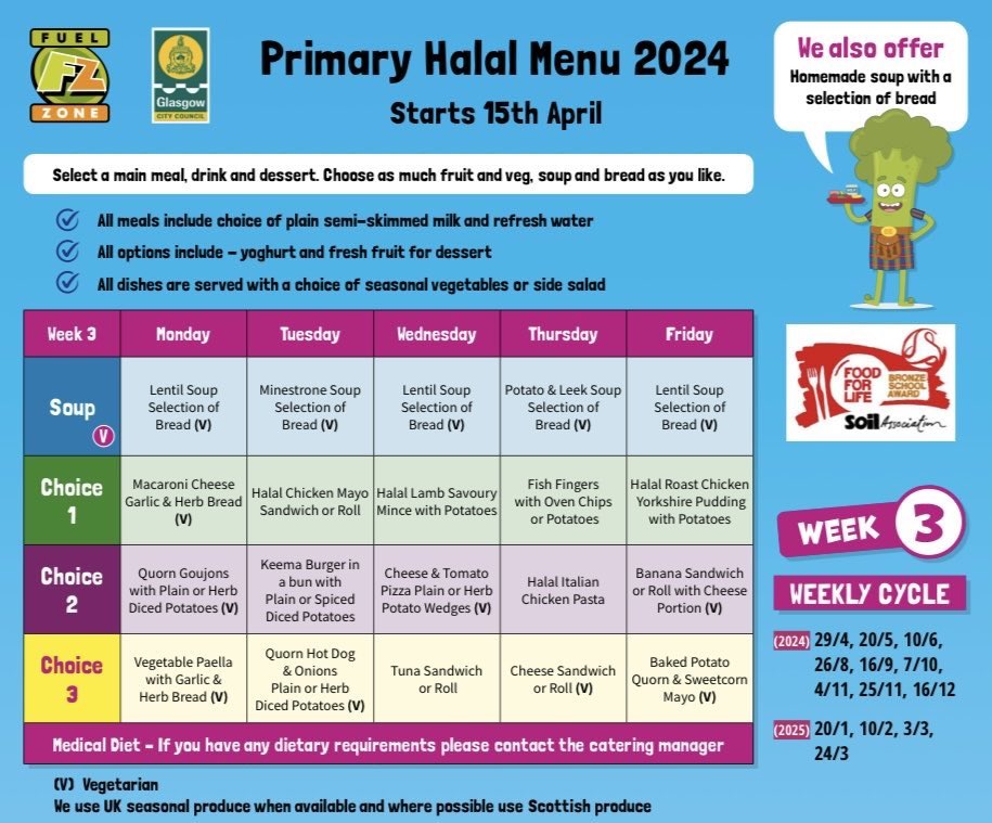 Here are the @FuelZoneGlasgow Week 3 menus that will be available this week in the Dining Hall. There’s lots of popular choices so please pre-order your child’s lunch via @ParentPay to ensure they get the lunch they’d choose. A reminder that #SchoolLunches are FREE for all…