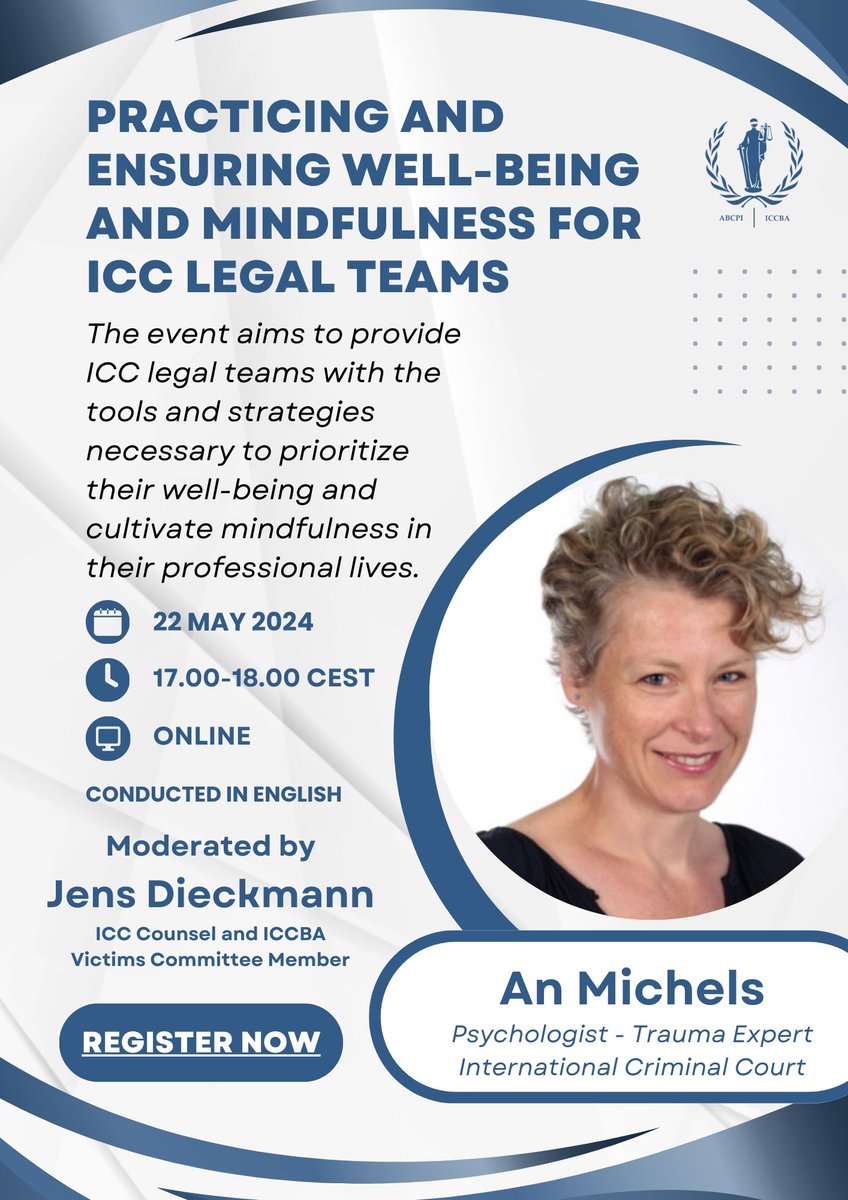 Join us for a webinar on Practicing and Ensuring Well-Being and Mindfulness for ICC Legal Teams on Wednesday 22 May 2024 with An Michels. Register now at: us02web.zoom.us/meeting/regist…