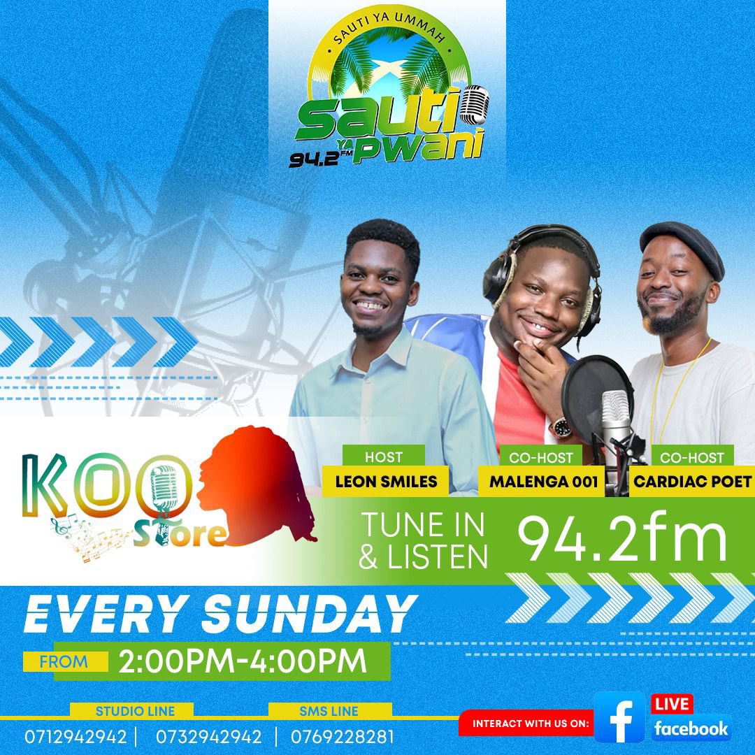 Get ready for an afternoon of poetry, music, and good vibes! Tune in to the Koo Store Radio Show today from 2pm to 4pm on Sauti ya Pwani FM 94.2. Call studio lines at 0732 942 942 or 0712 942 942 to request your favorite songs or give a shoutout!