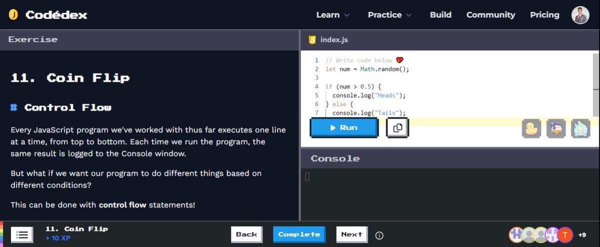 DAY 1️⃣✅️
#30NitesOfCode challenge by
@codedex_io. 

I worked on #JavaScript the concepts of:
➡️ The console
➡️ Variables
➡️ Conditionals