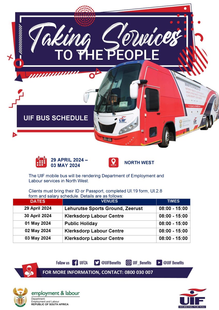 The #UIF buses are to render @deptoflabour services in the Gauteng and North West provinces from Monday, 29 April 2024 to Friday, 09 May 2024. The bus will render departmental services in KwaZulu-Natal on Monday and Tuesday, 29 - 30 April 2024

#UIF
#WorkingForYou