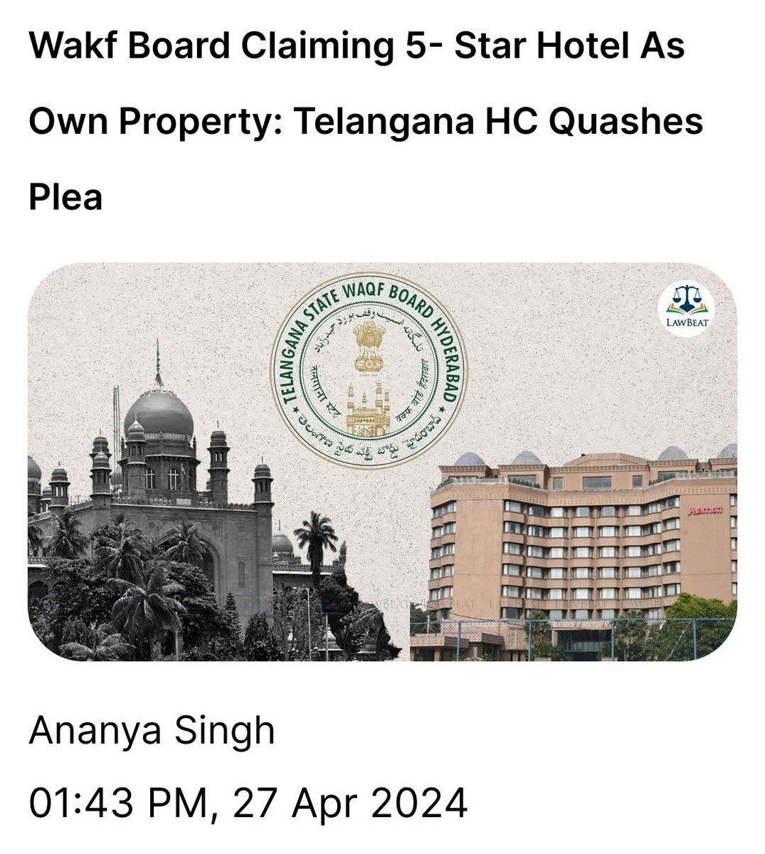 Wakf Board claimed Hotel Marriot in Hyderabad. Wakf Act,1954 of CONgress allows such blatant misuse of law to claim anyone's properties! If this happens with a 5-Star Hotel, think what CONgress will do with your Home/Jewellery/Investments with its Redistribution of Wealth plan!