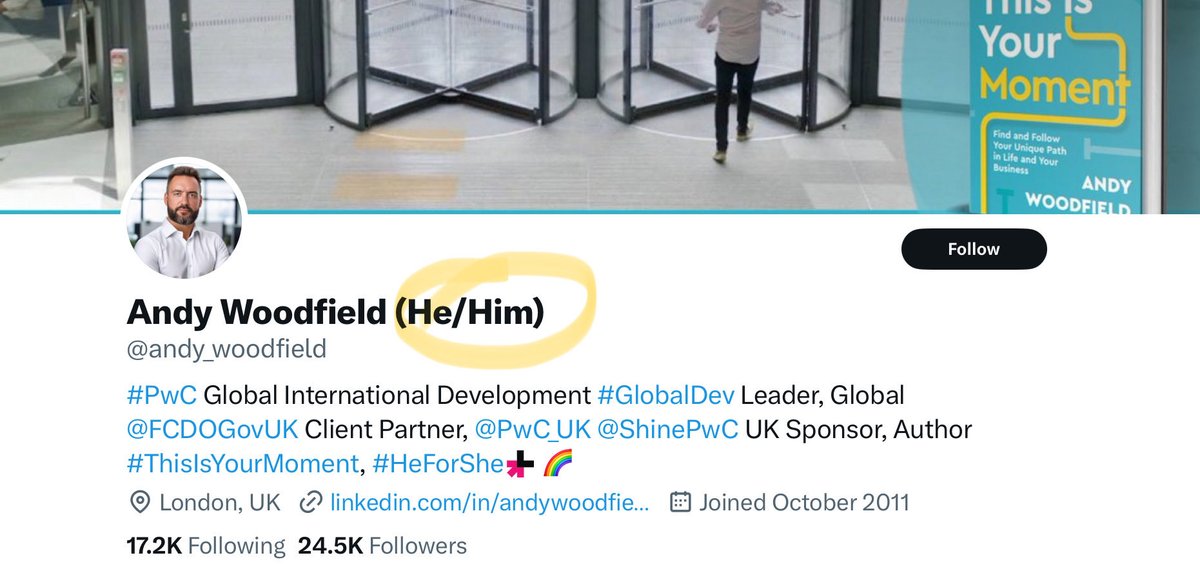 A determinedly masculine looking profile photo. So why the need for #PronounsInBio? And what the heck does #HeForShe mean?