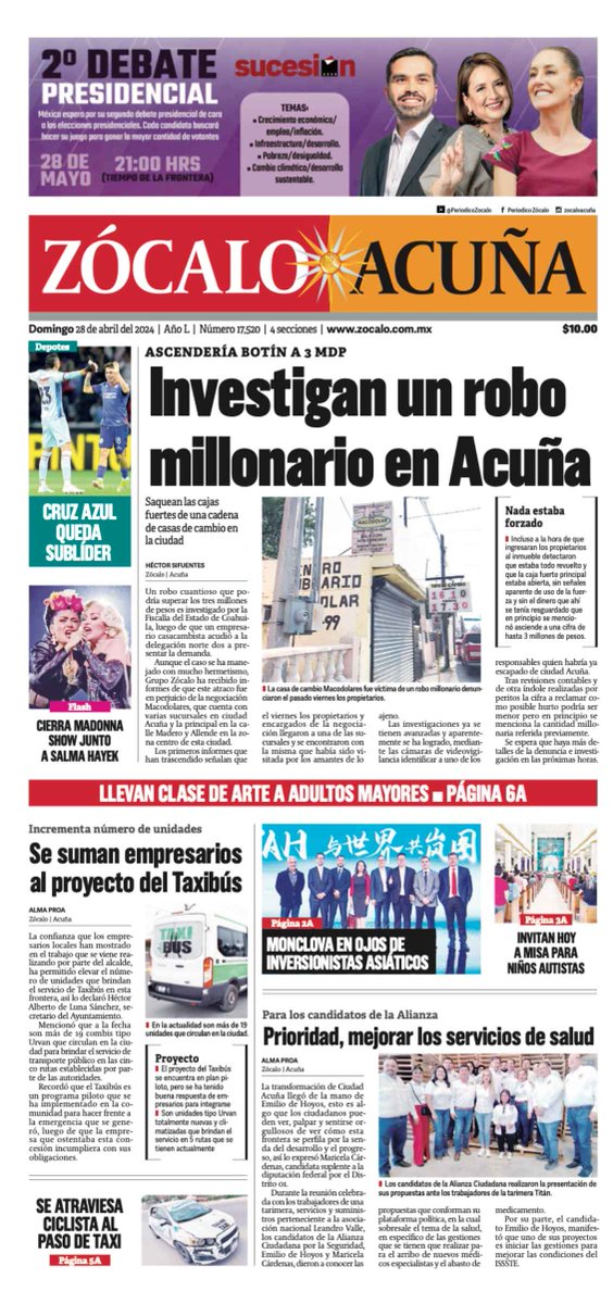 #FelizDomingo #Acuña ☀ Hoy en portada: 👉 Investigan robo millonario en Acuña bit.ly/49VTily