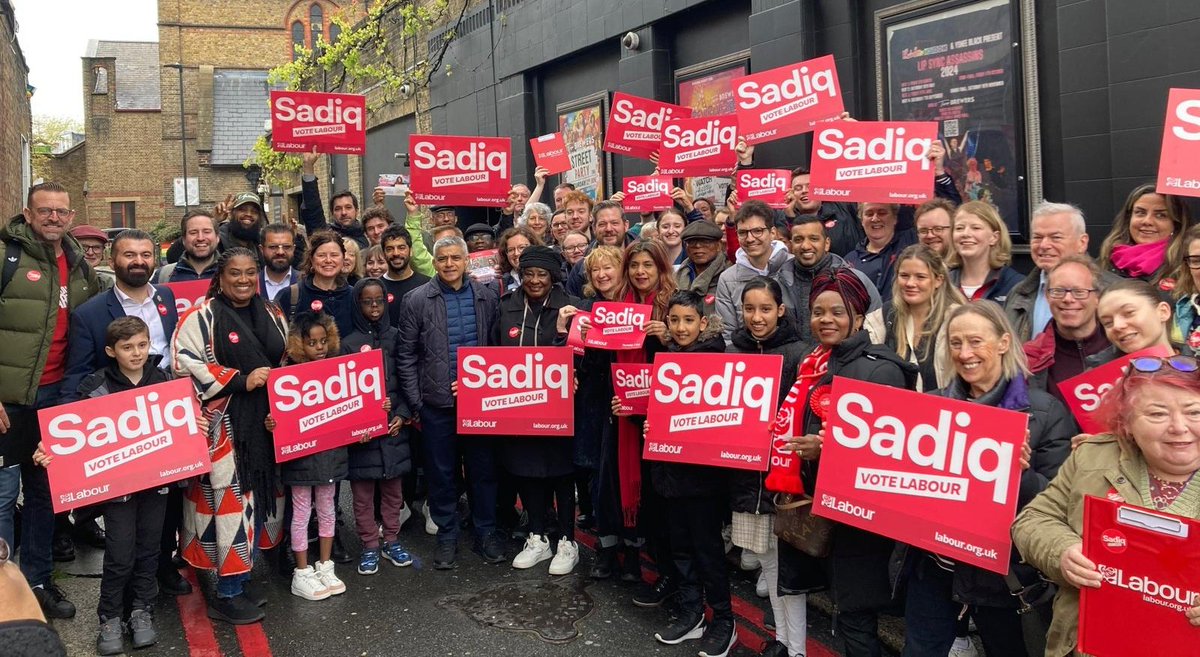 SadiqKhan's tweet photo. Another busy campaign day across our city starts here in Lambeth. 

This Thursday, Londoners have one vote for Mayor in what is a close two-horse race between me &amp; the hard right Tory candidate.

Join us on the #LabourDoorstep today ⬇️ 
https://t.co/U8s1JaskiS https://t.co/cNcmhuDjzE