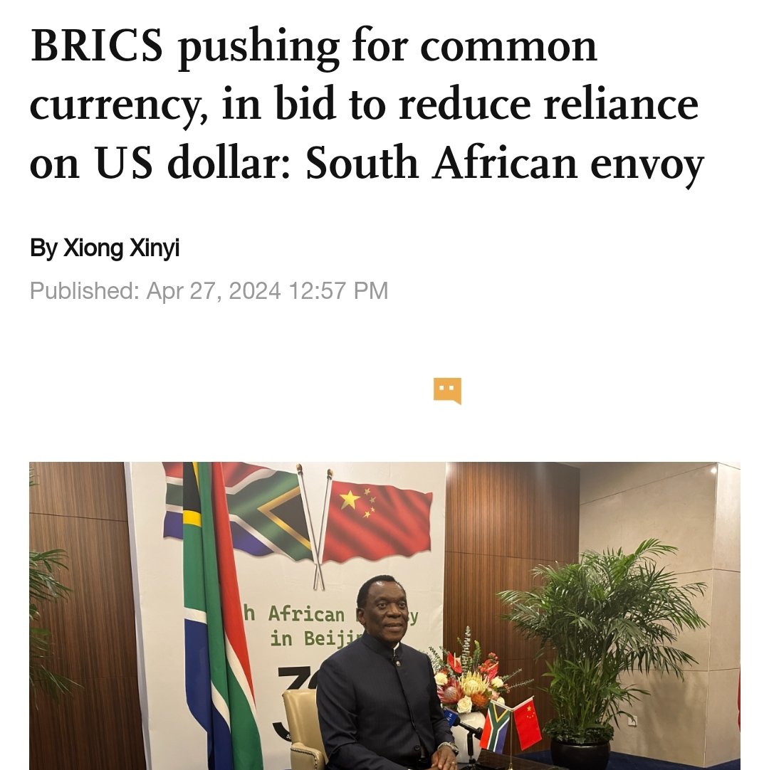 #BRICS is advancing the progress of its common currency, while actively promoting the use of local currencies from member states to reduce the risks of solely relying on the US #Dollar globaltimes.cn/page/202404/13…