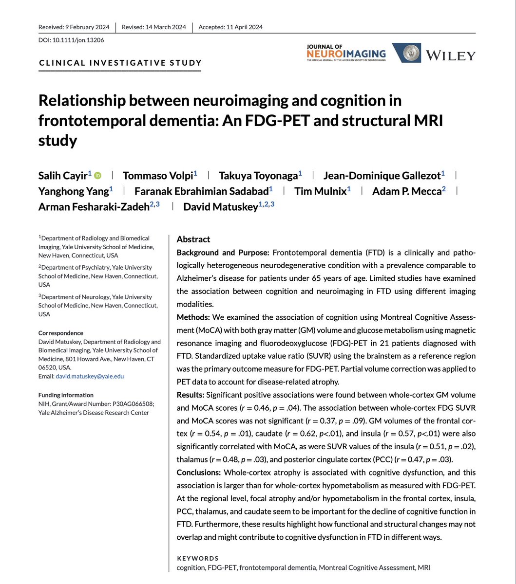 Check out our most recent publication on neuroimaging and cognitive performance in frontotemporal dementia! 🧠🧠

#dementia #neurology #neurotwitter #neuroscience #neurorad #radres #pet #memory 

pubmed.ncbi.nlm.nih.gov/38676301/