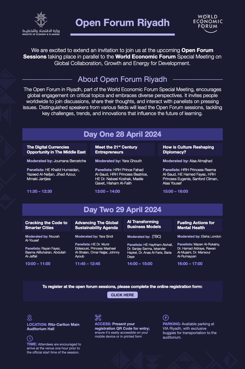 Honored to be invited to speak at the World Economic Forum - Special Meeting in Riyadh - 'Fueling Action for Mental Health'

Join the discussion and register: tickettailor.com/events/openfor…

Or online here:
twitter.com/i/broadcasts/1…

#specialmeeting24
@wef @GlobalShapers 
@MEPSaudi