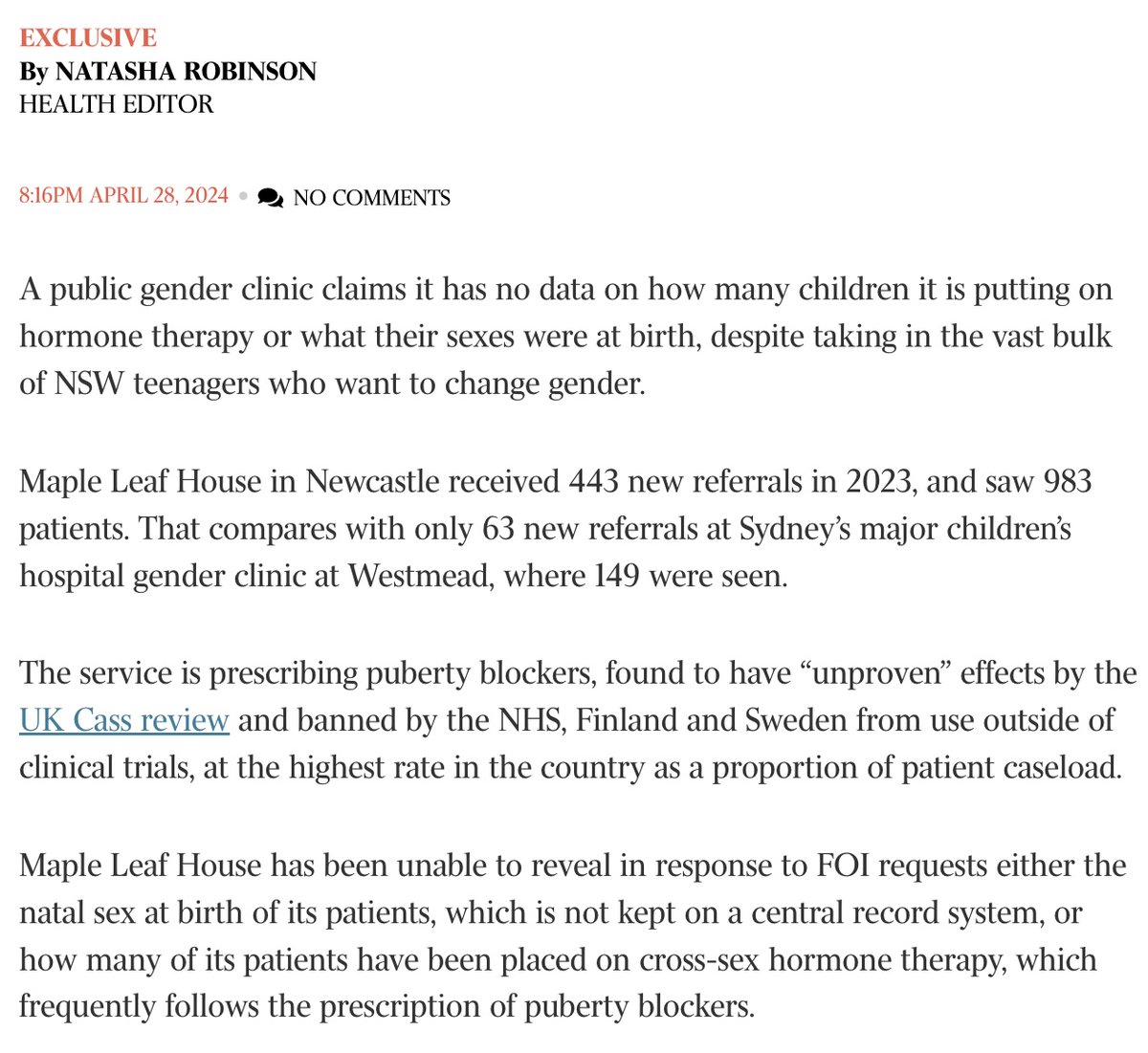 “The failure to have and maintain a detailed ­record-keeping system for patients at Maple Leaf House [in Australia's state of NSW] is nothing short of a scandal … Maple Leaf House operational procedures make the UK’s failed Tavistock Gender Identity Clinic’s look good.” NSW…