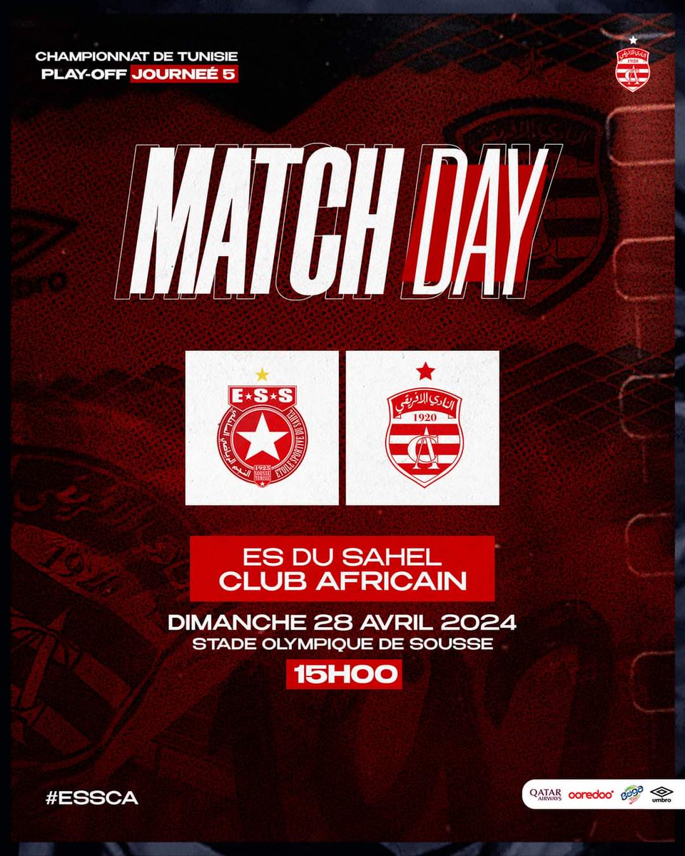 #Football ⚽ 𝐌𝐀𝐓𝐂𝐇𝐃𝐀𝐘 ⚽ 🕒15H00 
Etoile Sportive du Sahel 🆚 #ClubAfricain 🔴⚪
#ESSCA
📍 | Stade Olympique de Sousse 
🏆 | Championnat de #Tunisie -  Play-Off - Journée 5
#ForzaCA 🇵🇪 #الإفريقي_تعيش