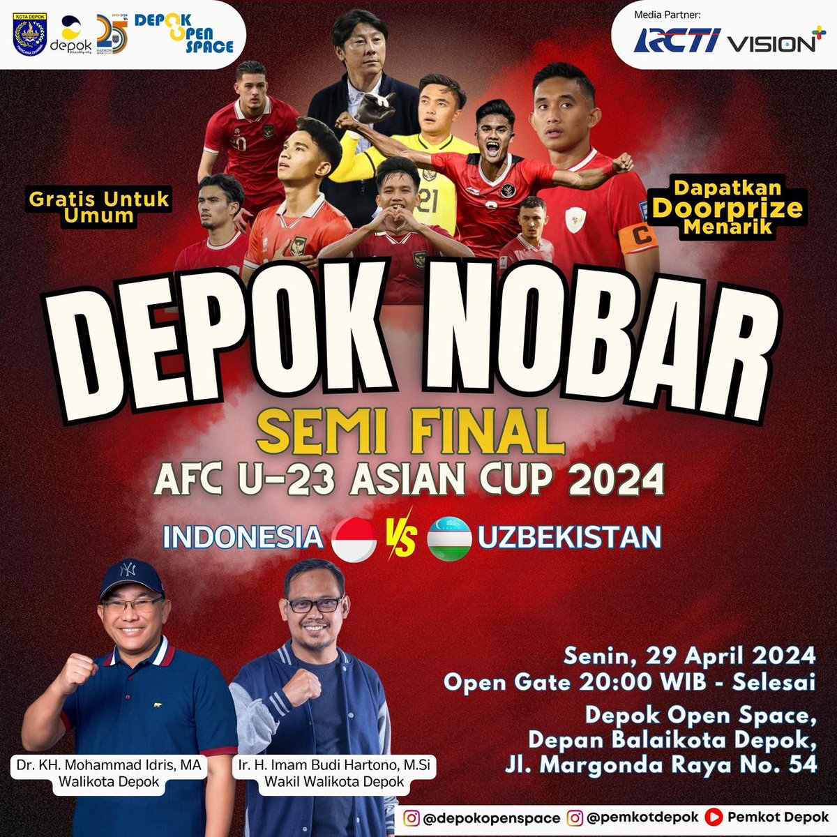 depoknews's tweet photo. Yuk...Nobar Semifinal U23 Bersama Wali Kota dan Wakil Wali Kota Depok di DOS Margonda https://t.co/qkQM31szNd