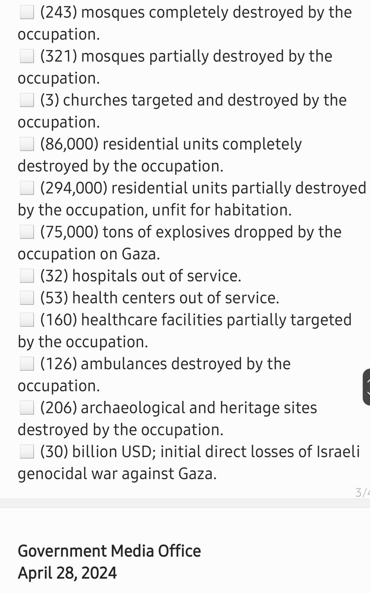 Alraypsen's tweet photo. 205 days of the Israeli genocidal war waged on the Gaza Strip.
An update by the Government Media Office in Gaza.
Sunday, April 28, 2024.

#Gaza
#GazaGenocide https://t.co/9IqUsmycUp