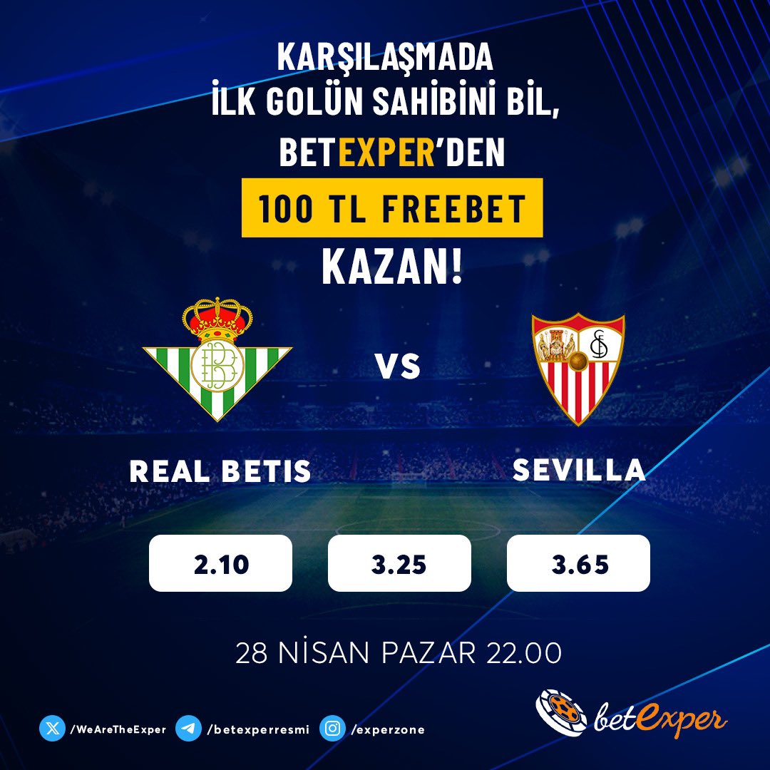 Real Betis ⚔️ Sevilla mücadelesinde ilk golü hangi takımın atacağını doğru tahmin edenlere 100 TL FreeBet Hediye! 🔥  

Katılım linki; forms.gle/znqWX3CvjvLDo5…

✅Form üzerinden katıl 
✅Gönderiyi beğen ve rt
✅ #Betexper tag’iyle 3 arkadaşını etiketle