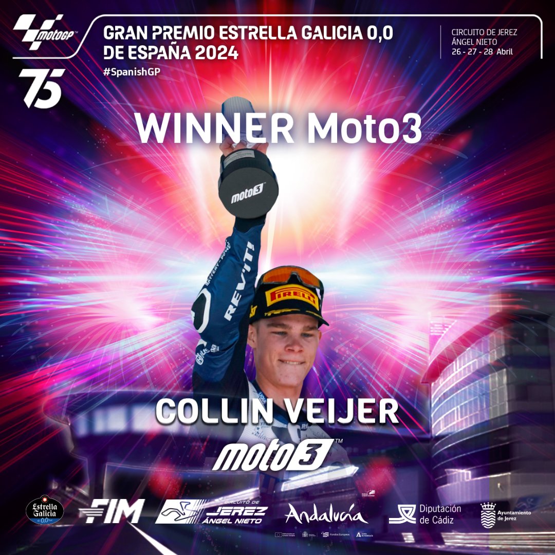 El piloto holandés 🥇Collin Veijer (Husqvarna) se lleva la victoria en el Gran Premio Estrella Galicia 0,0 para la categoría de #Moto3. El piloto andaluz 🥈David Muñoz es segundo con el también español🥉 Iván Ortola completando el pódium jerezano.