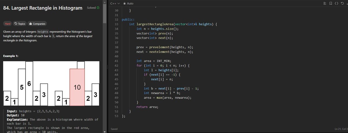 with_code01001's tweet image. Following DSA Playlist by Love Babbar
Lecture 56(Stack Part 3) done
Questions -
1. Next smaller Element
2. Largest Rectangle in Histogram
#codingstreak #31
