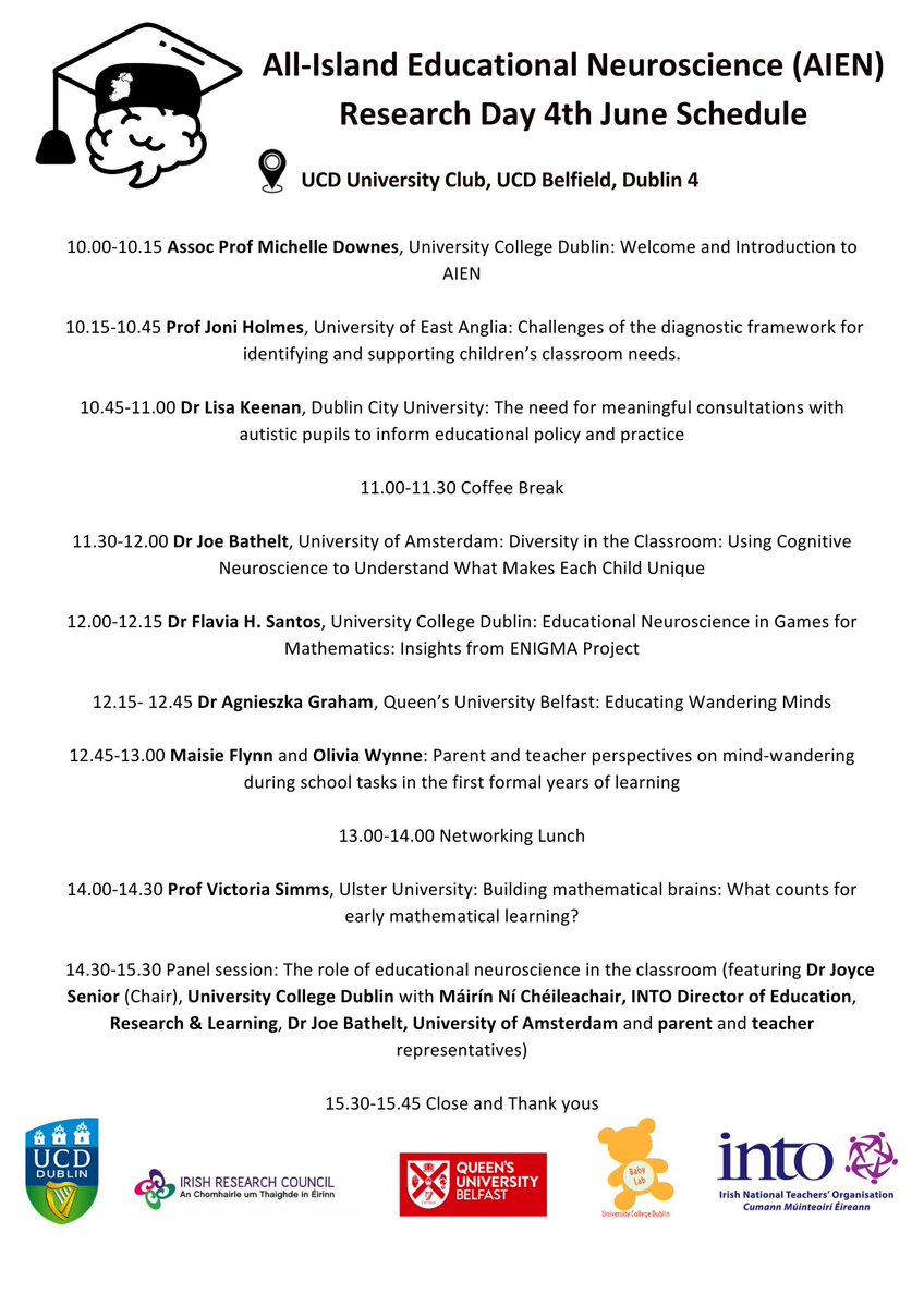 Join us for our inaugural event in UCD on June 4th. We look forward to hearing from some a variety of researchers on some interesting topics!
@JoeBathelt <a href="/lisa_keenan1/">Lisa Keenan</a> <a href="/flavinska72/">Dr Flavia Santos</a> <a href="/JoniHolmes80/">Prof Joni Holmes</a> <a href="/DrMDownes/">Dr Michelle Downes</a> <a href="/ProfVicSimms/">Victoria Simms</a>
<a href="/4gnieszka/">Aga</a> 
eventbrite.ie/e/all-island-e…