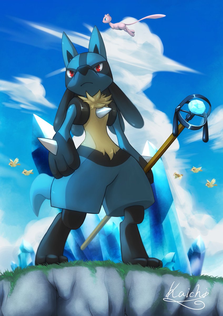 lucario solo looking at viewer red eyes closed mouth standing full body outdoors  illustration images