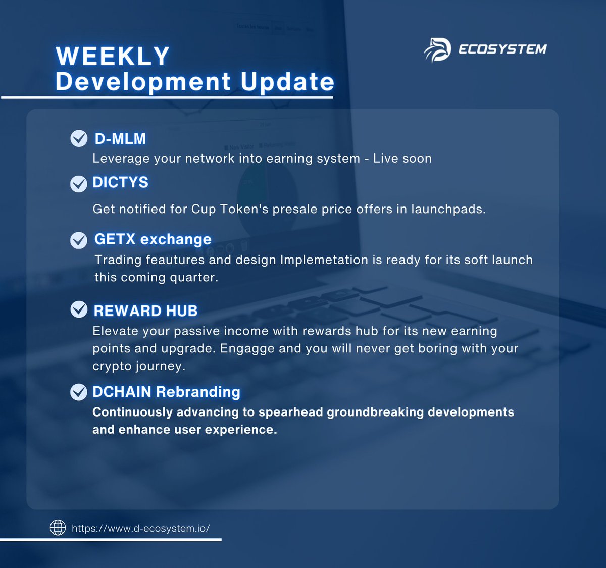 📢Here’s our weekly update! Our team has been hard at work, making improvements and implementing new features. 

Follow us on 
Tiktok: tiktok.com/@d_ecosystem
Telegram:  t.me/d_ecosystem_gr…
Discord: discord.gg/XMQtzZNV

#WeeklyReport #Cryptocurency #RWA