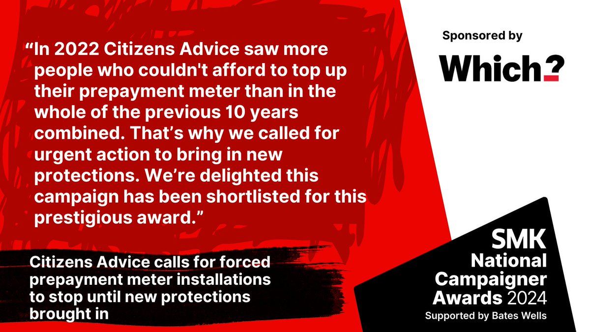 Congratulations to @CitizensAdvice – shortlisted for Best Consumer Campaign in the #SMKAwards2024. Winners will be announced on 15 MAY. 

More details here smk.org.uk/awards_nominat… #LoveCampaigning 

Sponsored by @WhichUK
