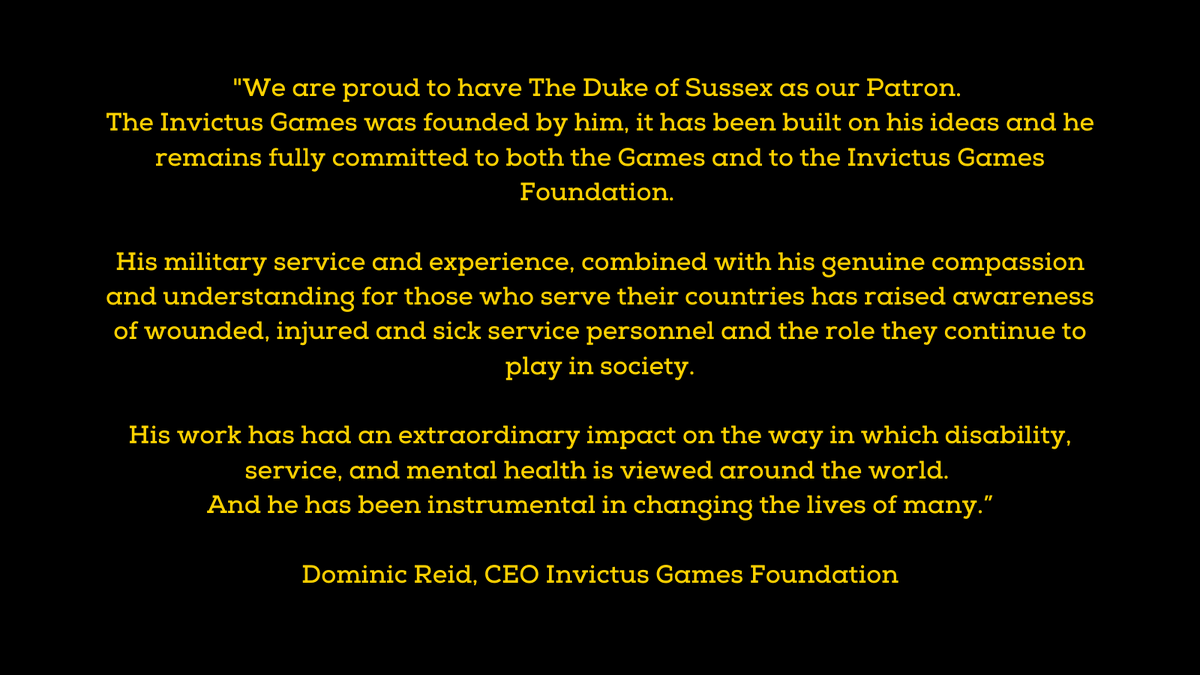 SheCometh's tweet photo. We stand together to celebrate the founder and patron of the #InvictusGames, #PrinceHarry, the CEO Dominic Reid and all staff, supporters and global veterans, on the occasion of their 10th anniversary. See you next February for #IG25 #Vancouver-Whistler #Canada 💛🖤 #Invictusat10 https://t.co/cafSSyOd6n