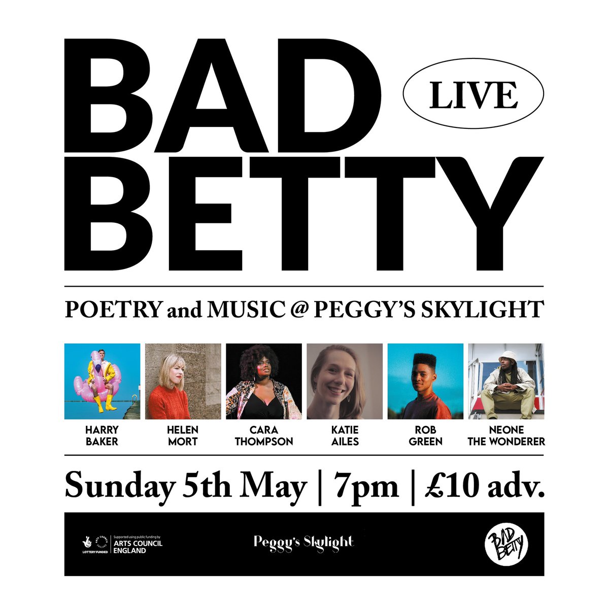 It’s a week to go until Bad Betty Live + Masterclass 🧵1/? May 5th @peggysskylight Doors: 6:30pm Tix: £10 (either) £15 (joint) Featuring: Harry Baker, Helen Mort, Katie Ailes, Cara Thompson, Rob Green and NEone the Wonderer. Host: Bridie Squires! Tix: linktr.ee/badbettypress